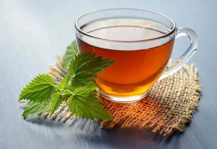 glass cup filled with the best tea for migraine with a green mint leaf on a cloth coaster