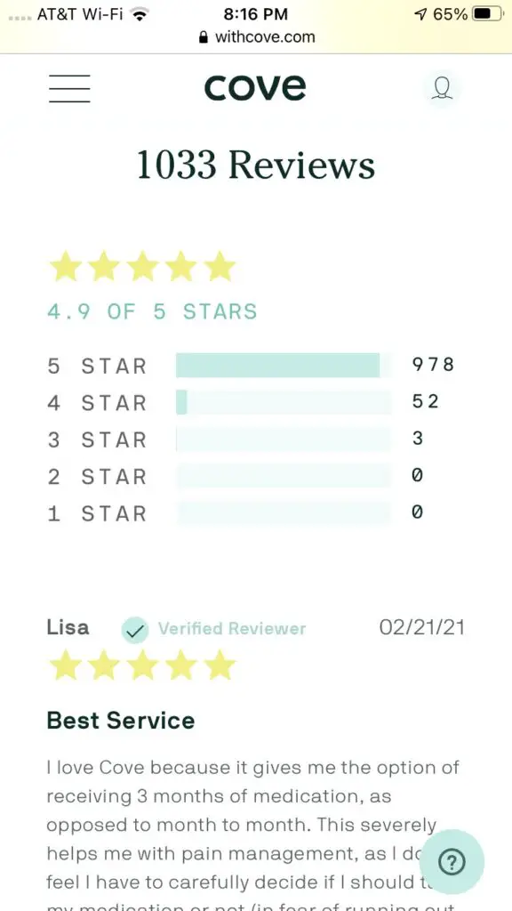 Cove review Rating from User
