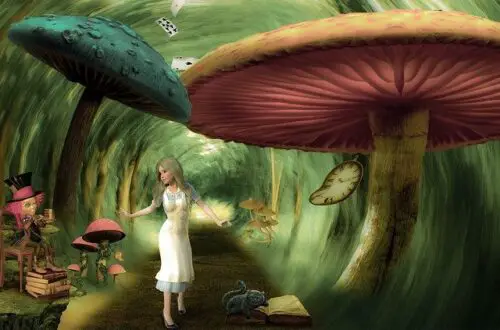 Alice in Wonderland syndrome with Alice walking among huge mushrooms