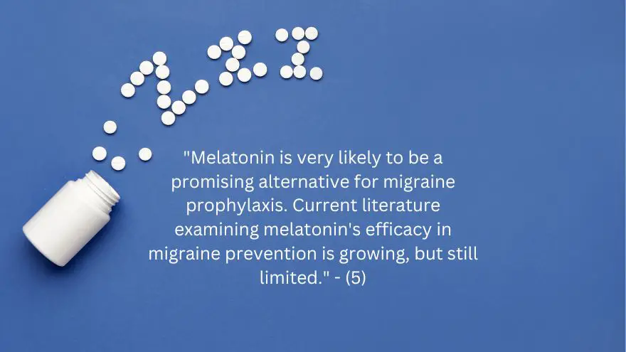 Blue background with white bottles and pills and a quote from researchers about the melatonin migraine link.